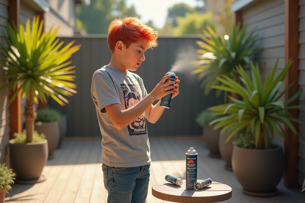 Adolescent secouant un spray colorant pour cheveux en extérieur