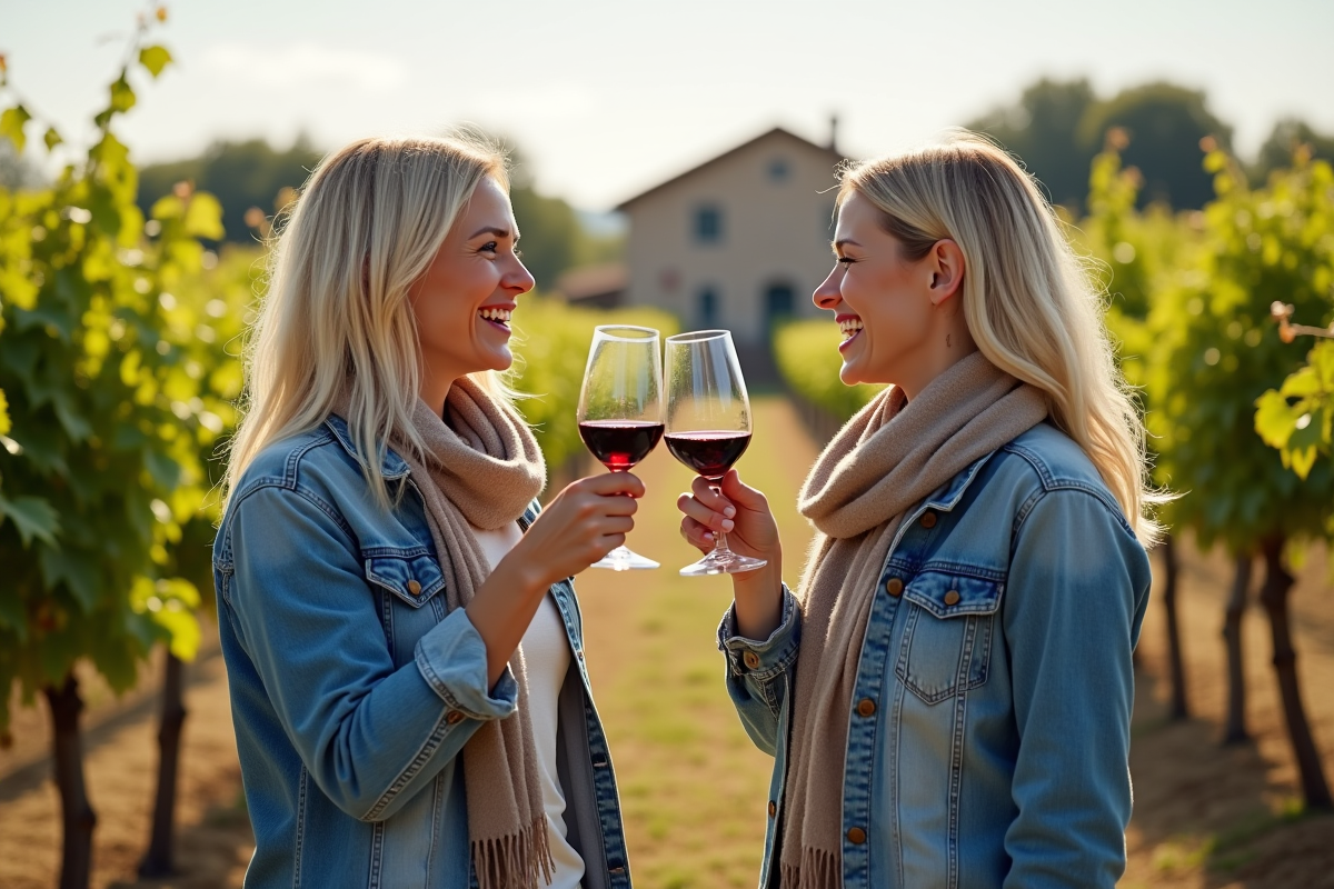 Amies blondes trinquant dans un vignoble ensoleille