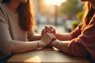 Amis avec tatouages minimalistes au café ensoleille