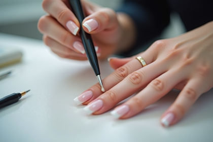 Personne appliquant du gel sur des ongles au salon de manucure