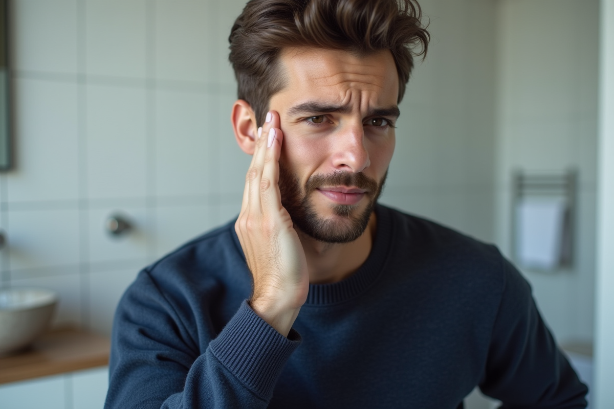 Jeune homme se massant le visage dans une salle de bain