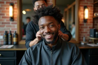Jeune homme noir en salon de Lille coiffé par un barbier