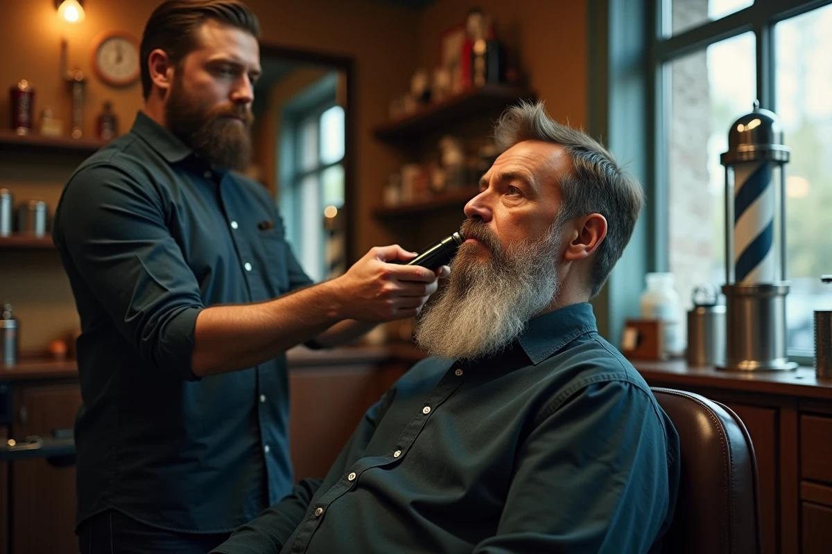 Barbier utilisant un appareil sur la barbe d’un client dans un salon vintage