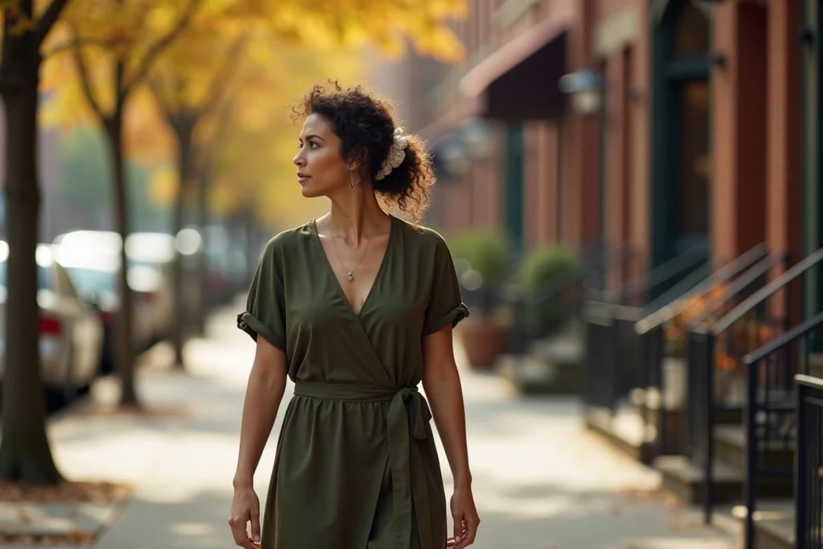 Femme aux longs cheveux bouclés en chignon bas décontracté marchant en ville en automne