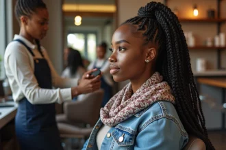 Jeune femme noire avec tresses africaines dans un salon de coiffure