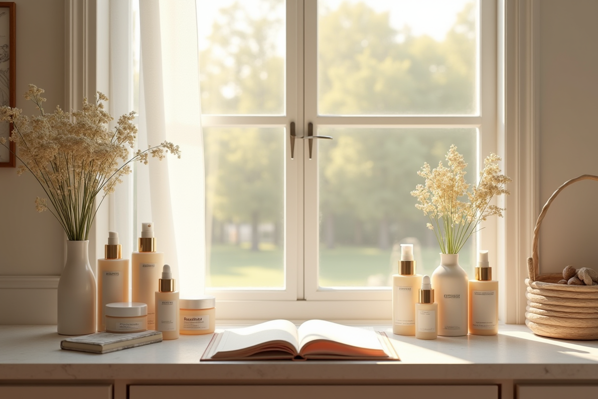 Coiffeuse minimaliste avec produits de soin et fleurs sauvages