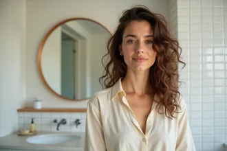 Femme aux cheveux longs bouclés coiffés en demi-chignon naturel devant un miroir de salle de bain