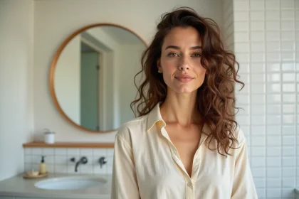 Femme aux cheveux longs bouclés coiffés en demi-chignon naturel devant un miroir de salle de bain
