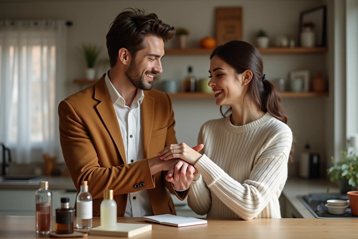 Jeune couple comparant des parfums dans leur maison