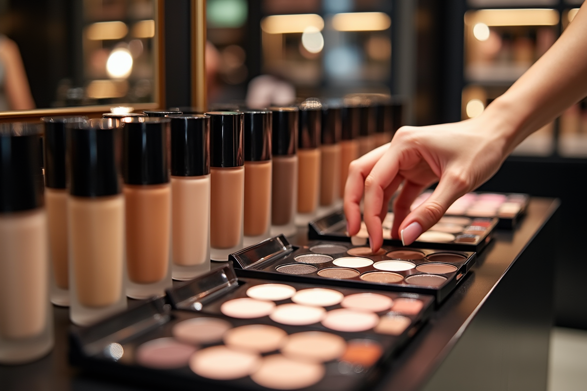 Display de maquillage luxe avec produits iconiques en magasin