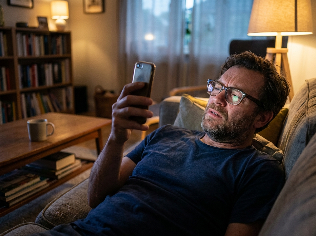 Homme fatigué des yeux allongé sur un canapé en utilisant son smartphone le soir