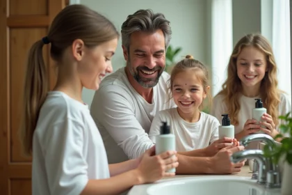 Famille heureuse utilisant shampoing naturel sans parabens