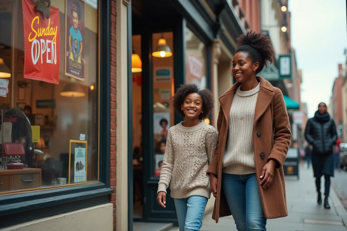 Mère et fille passant devant la vitrine d’un salon africain animé