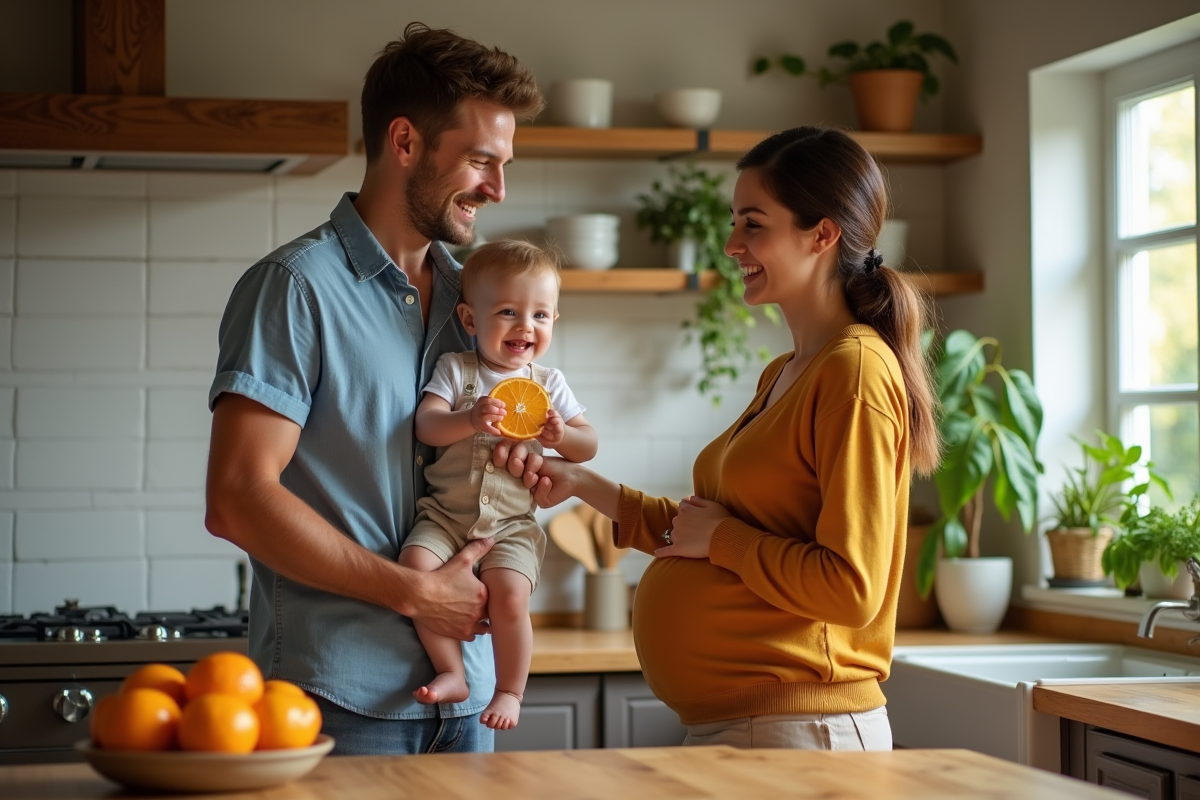 Famille heureuse partage un orange dans la cuisine
