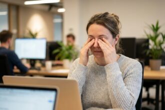 Femme souffrant de fatigue visuelle due aux écrans en se frottant les yeux au bureau