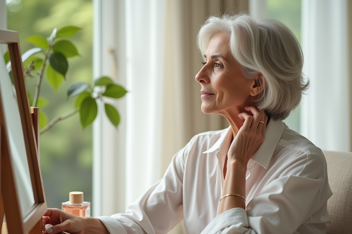 Femme mature appliquant du parfum dans sa chambre lumineuse