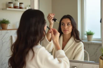 Femme appliquant un sérum capillaire sur son cuir chevelu avec un compte-gouttes dans une salle de bain épurée