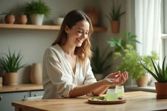 Femme souriante appliquant gel aloe vera sur son bras