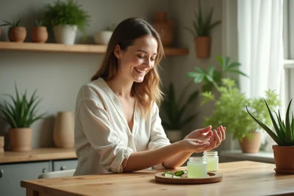 Femme souriante appliquant gel aloe vera sur son bras