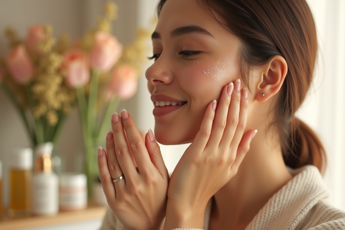 Femme appliquant un serum lumineux sur son visage