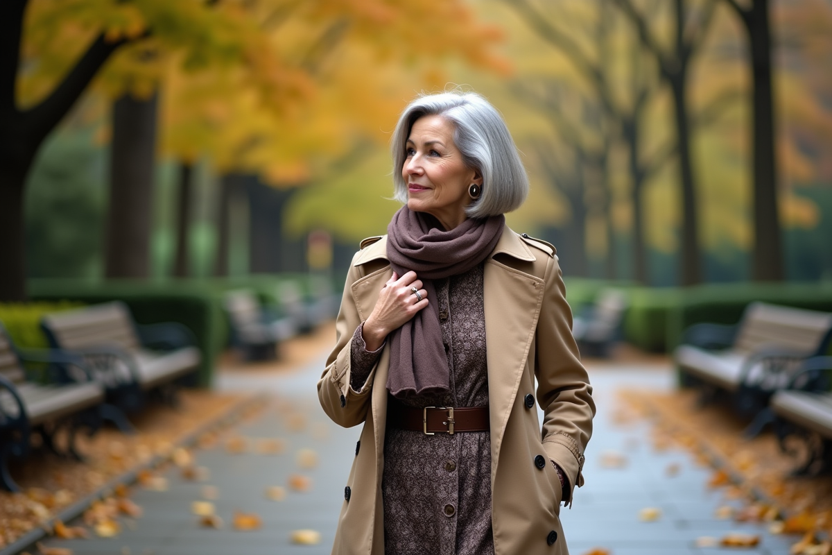 Femme de 60 ans dans un parc automnal
