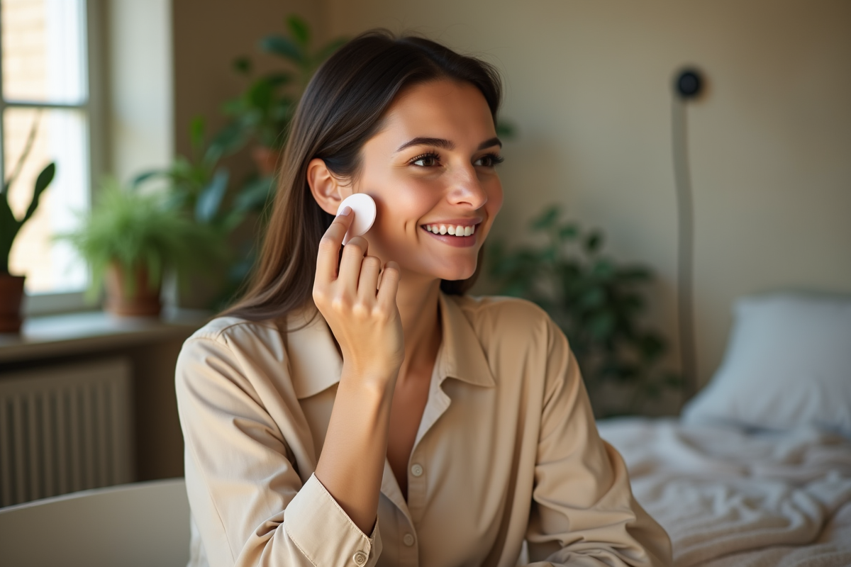 Femme souriante appliquant du fond de teint en intérieur
