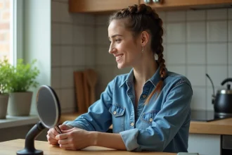 Femme en denim se coiffant en braids dans une cuisine chaleureuse