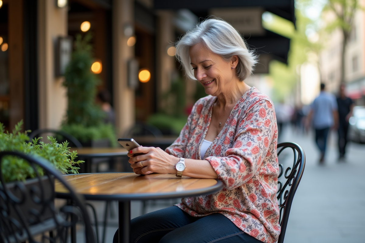 Femme assise au café regardant son smartphone
