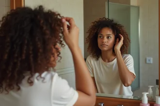Femme aux cheveux bouclés appliquant une creme coiffante