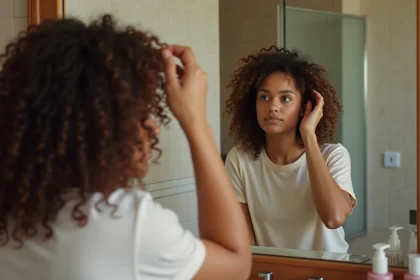 Femme aux cheveux bouclés appliquant une creme coiffante
