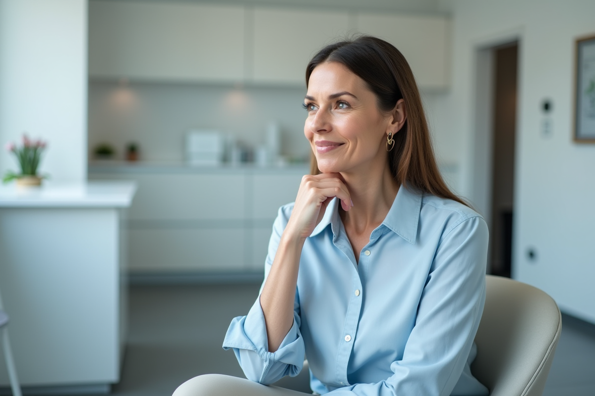 Femme d'une quarantaine assise dans une clinique moderne