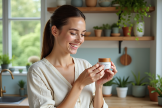 Femme souriante avec crème visage bio dans une cuisine lumineuse