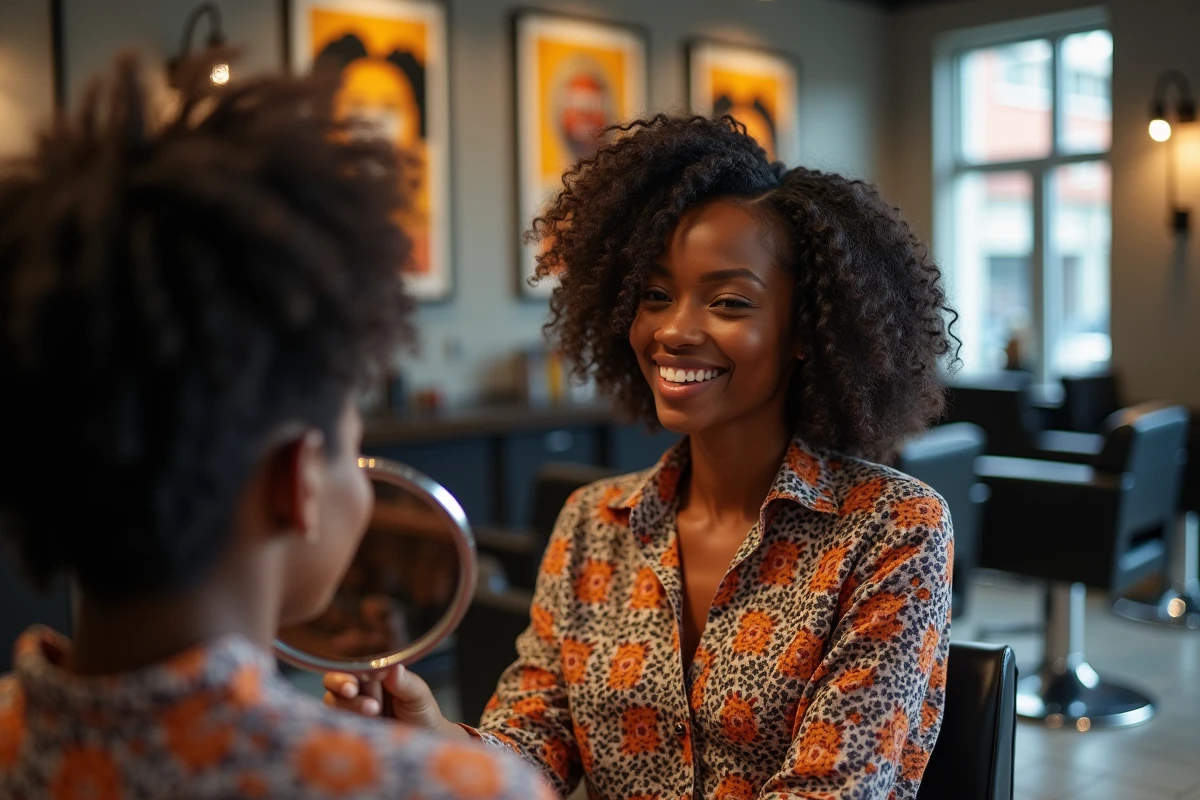 Femme noire souriante admirant ses boucles dans un salon