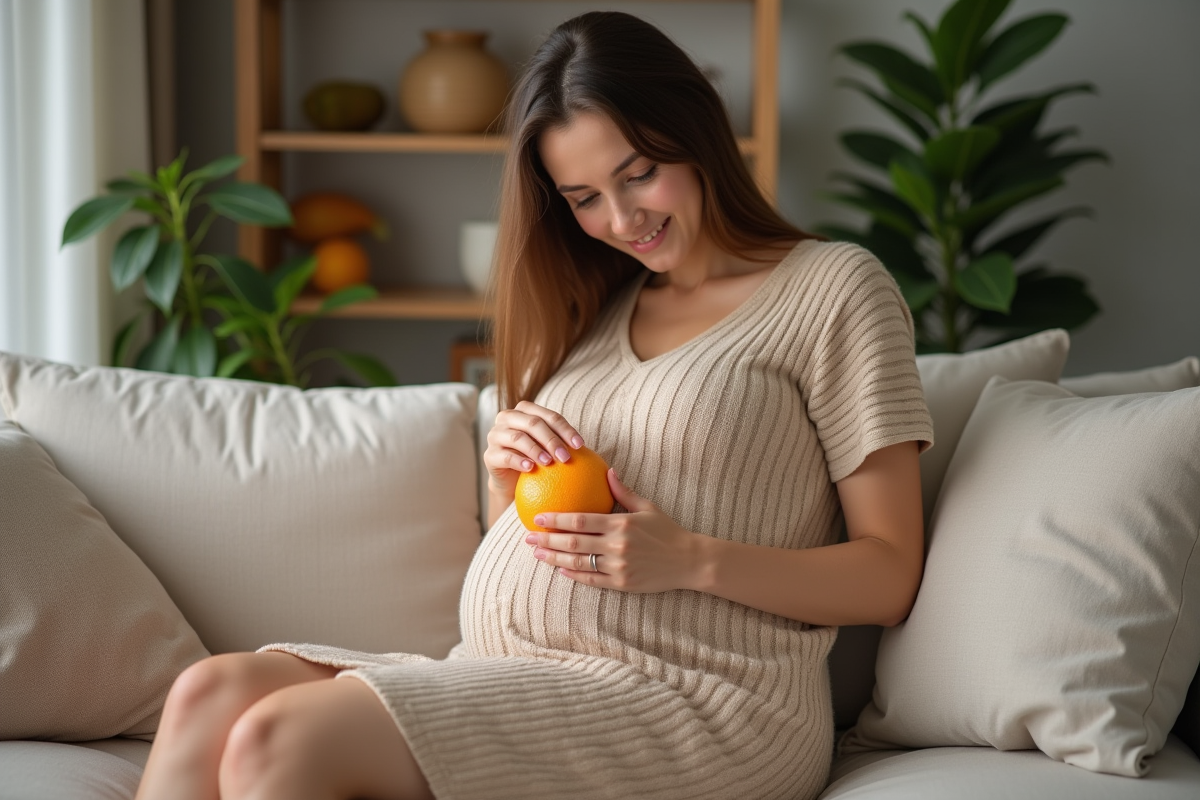 Femme enceinte dans un salon cocon peele une orange