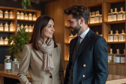 Femme élégante en boutique de parfum avec un professeur