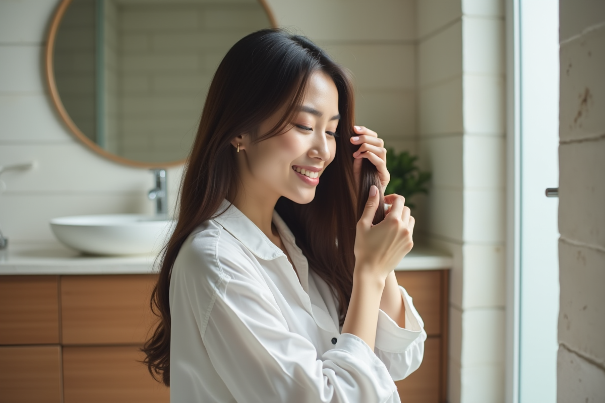 Femme appliquant de l huile capillaire dans un cadre minimaliste