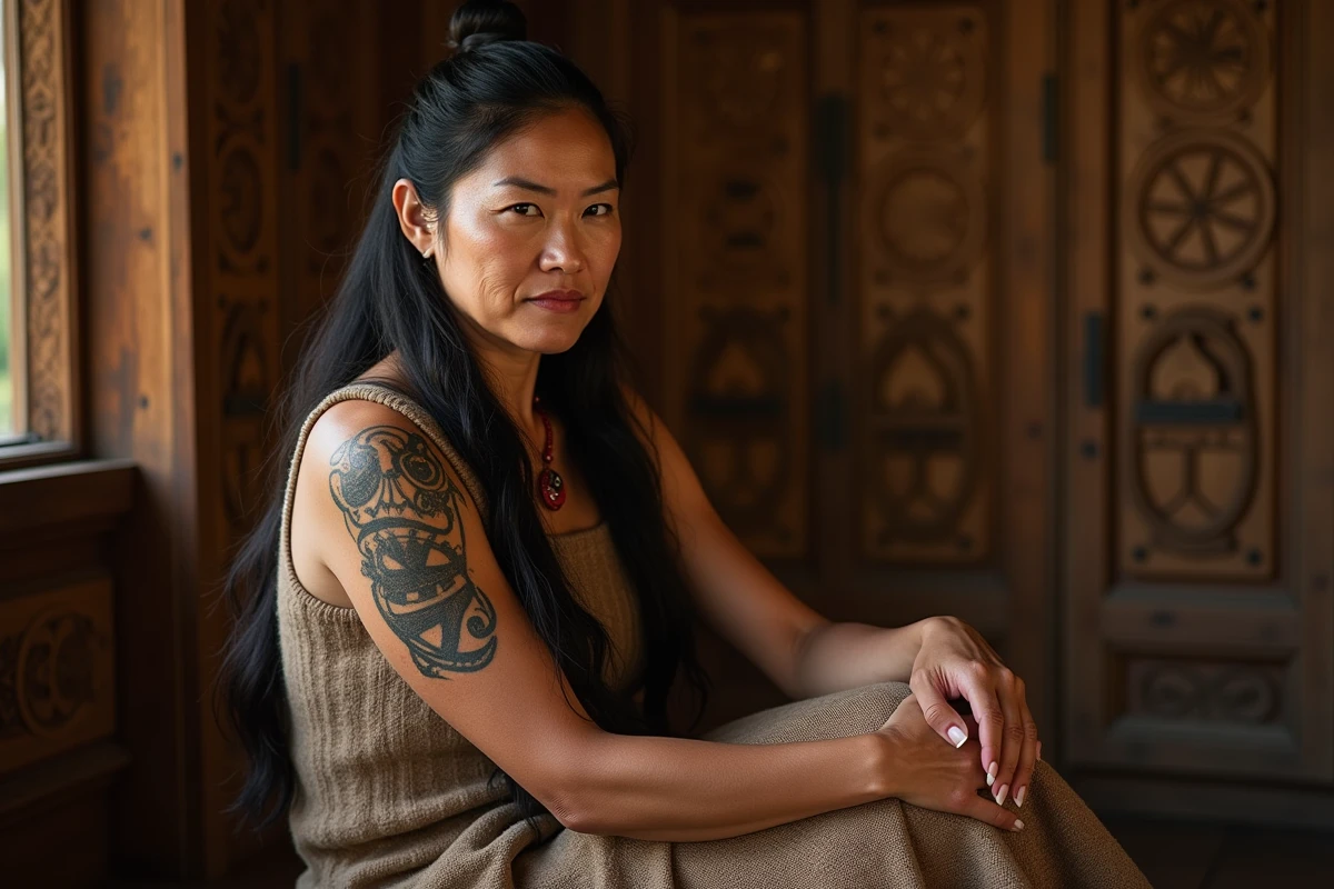 Femme Maori avec tatouage traditionnel dans intérieur en bois
