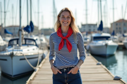 Femme souriante en mariniere sur un quai de marina