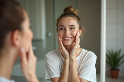 Femme se massant le visage dans sa salle de bain