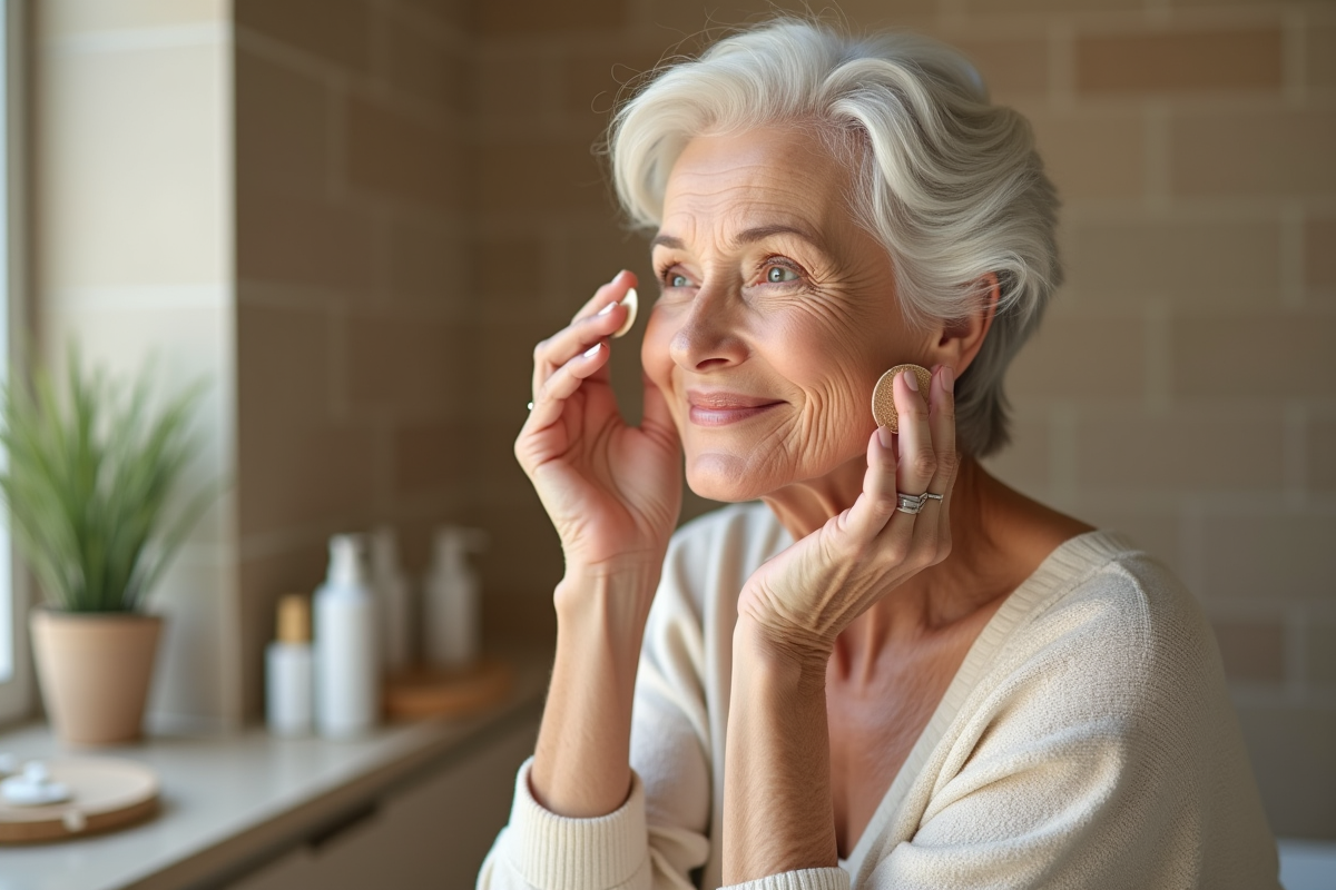 Femme d'âge moyen appliquant du fond de teint dans sa salle de bain