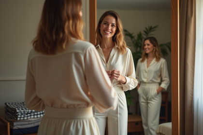 Femme dans la quarantaine ajustant sa blouse dans un miroir