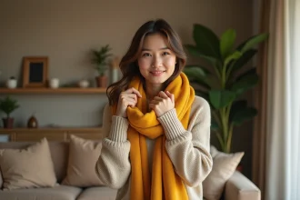 Femme élégante en pull beige et écharpe moutarde dans un salon moderne