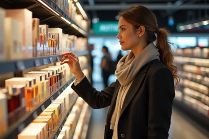 Femme en blazer choisissant des parfums en supermarche