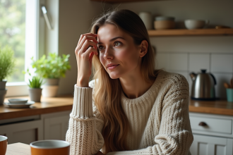 Femme pensive dans un salon cosy avec pull à motifs