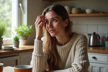 Femme pensive dans un salon cosy avec pull à motifs