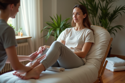 Femme détendue recevant une reflexologie dans un espace calme