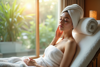 Jeune femme détendue dans un spa lumineux et moderne