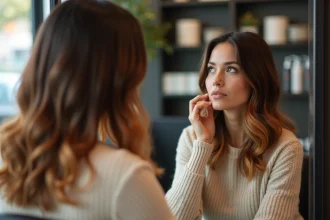 Femme dans un salon de coiffure regarde son reflet