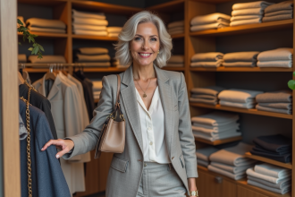 Femme élégante de 60 ans dans une boutique chic