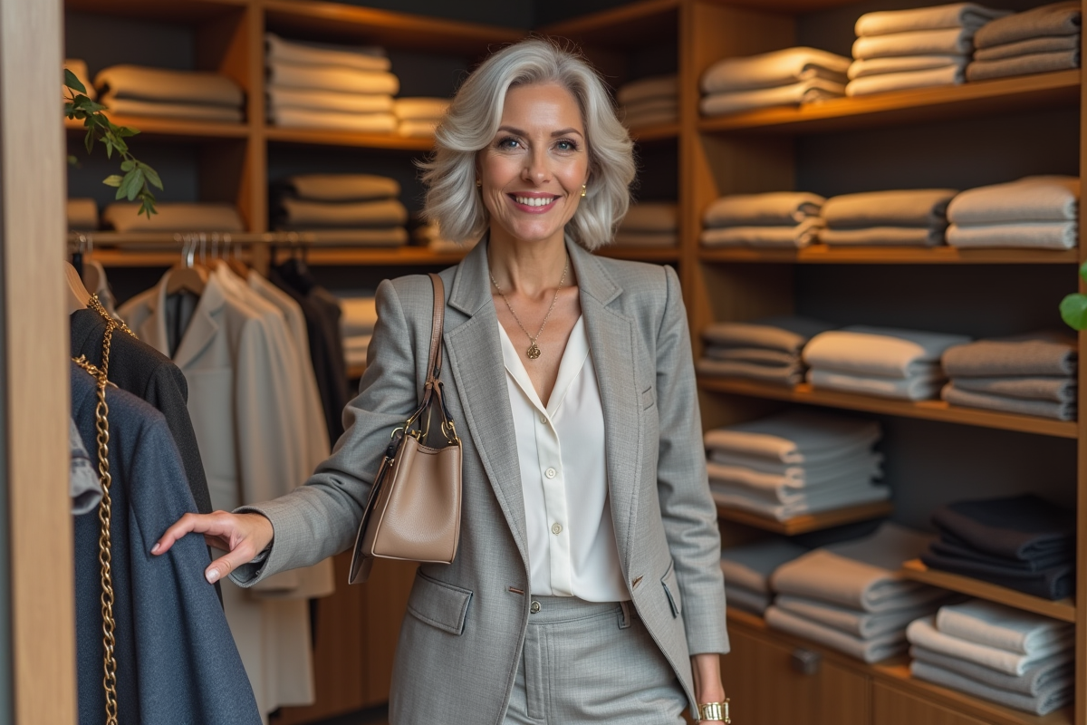 Femme élégante de 60 ans dans une boutique chic